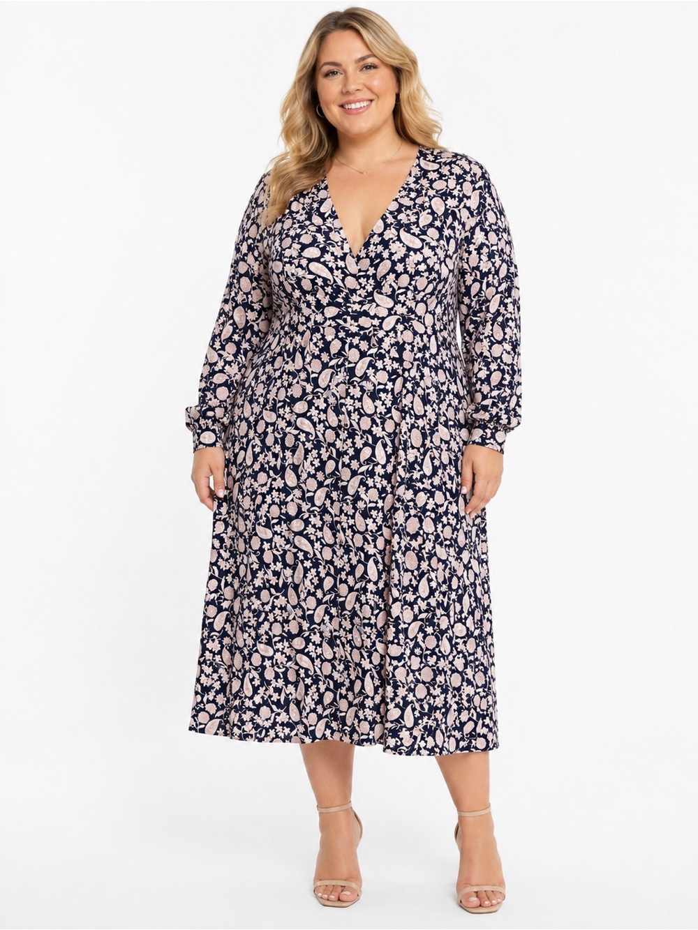 Boden Size 20/22R Floral Wrap Midi Dress in Navy and Cream